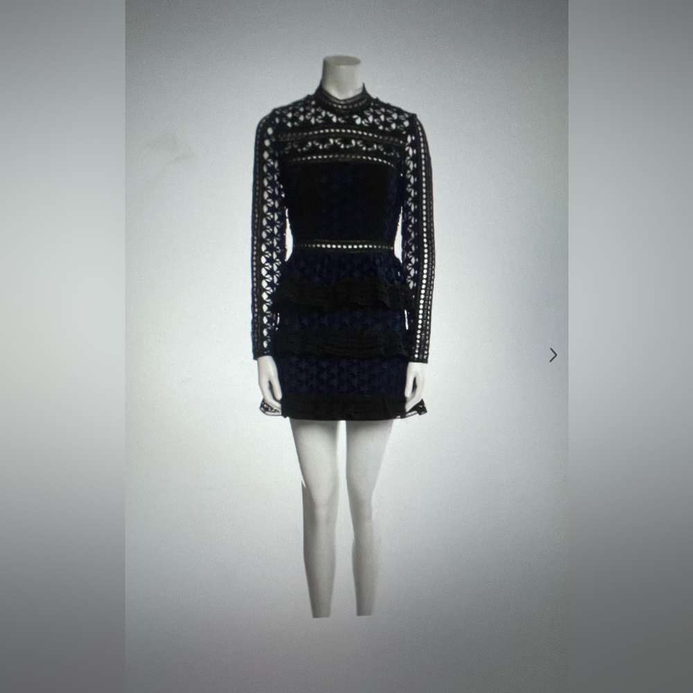 Self Portrait Blue Mini Dress Black Lace Tiered Ruffle Cutout Peplum